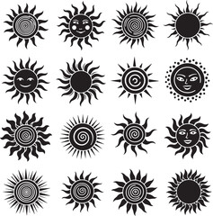 Collection of various black sun icons with different designs and facial expressions