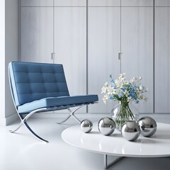 Modern minimalist living space with a stylish blue armchair and decorative table setup illustration