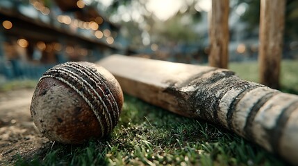 Fototapeta premium Closeup cricket bat ball and dislodged bails on pitch pictures