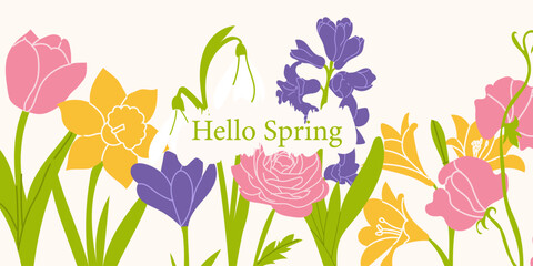 Hello spring hand drawn floral banner with tulips, daffodils, daisy, peony and lily of the valley. Vector Illustration for greeting cards, invitations, posters. © Huma Fida