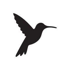 Obraz premium A black silhouette vector illustration of a wild hummingbird in flight featuring artistic wings and a sharp beak isolated on a white background for nature design