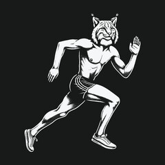 Naklejka premium Lynx-Headed Runner: A Fusion of Feline Grace and Athletic Prowess.