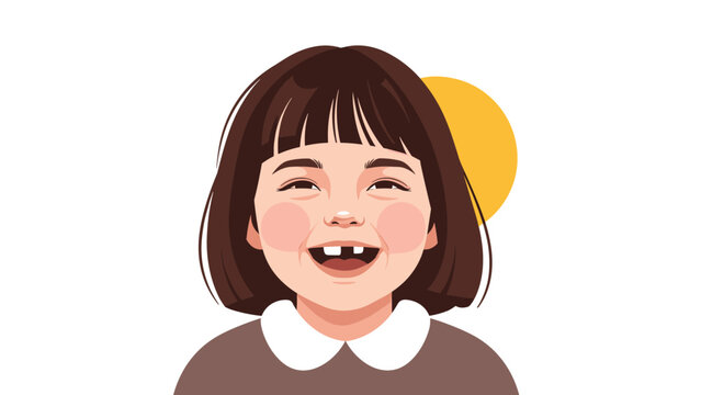 Close up portrait of a happy young girl with brown hair laughing and showing missing front teeth with a yellow sun in the background.