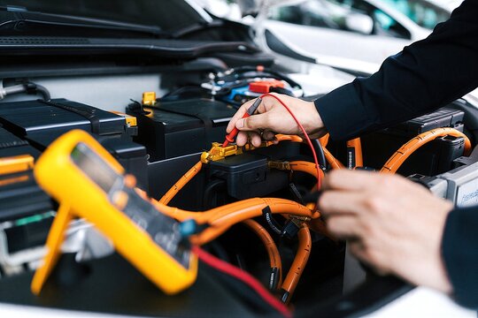 Mechanic hands testing car battery with multimeter and cables in engine compartment