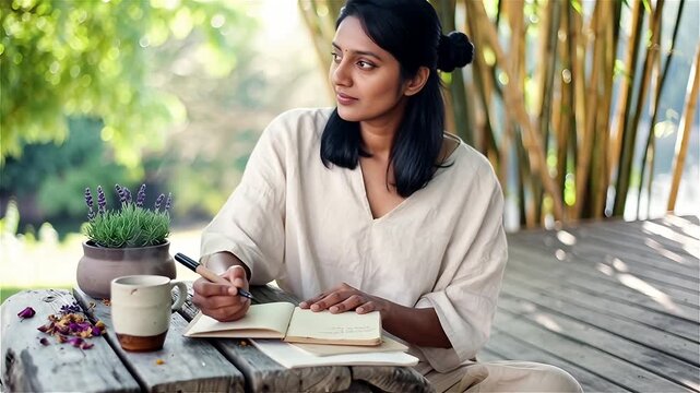 Person journaling outdoors on a wooden table, capturing a calm and mindful lifestyle moment in natural light. Created with generative AI.