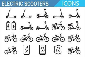 Urban Electric Transportation Icons Set Scooter Battery and Charging Station
