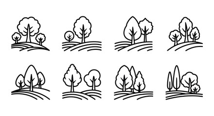 Obraz premium Line art illustration depicting various groupings of trees and rolling hills