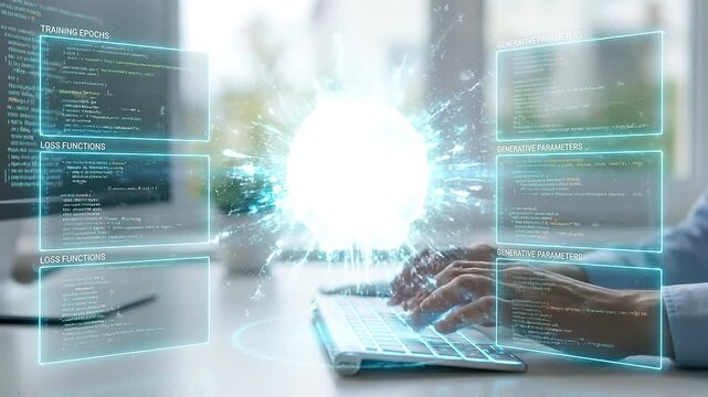 Glowing neural network hologram above laptop keyboard as hands type code, training epoch and loss visualizations overlay, holographic brain visualization and creative neural network development scene