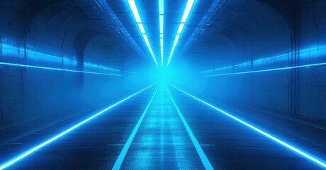 Fototapeta premium Futuristic tunnel glows bright blue. Light streaks converge toward distant point. Fog obscures depth, creating dramatic effect.