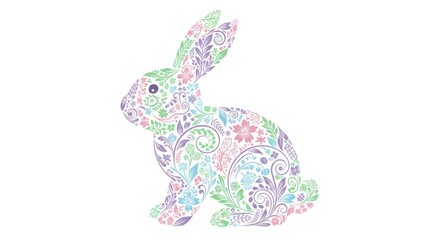 Obraz premium Silhouette profile of a sitting rabbit composed entirely of intricate, colorful floral patterns and swirls.