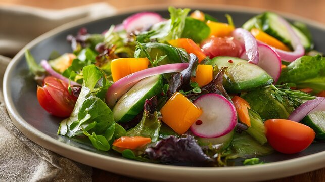 Close up shot of a delicious garden salad with neutral props and muted tones
