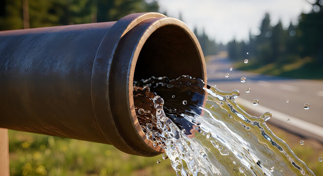 A large brown pipe expels a stream of water with blurred motion on transparent background high quality professional detailed modern elegant