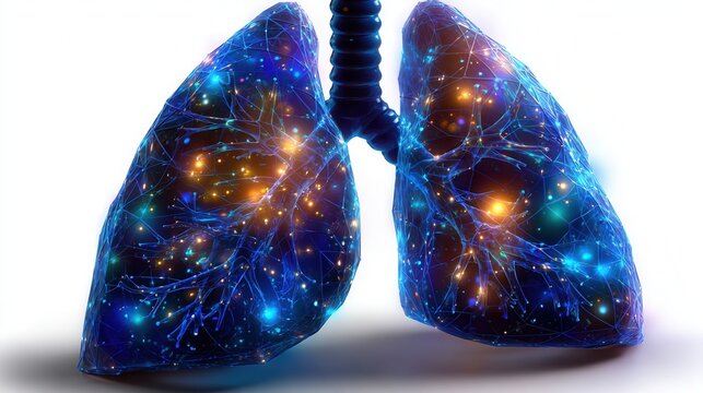 Glowing blue lungs with vibrant network of bronchi and bronchioles