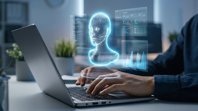 Holographic artificial intelligence avatar above laptop with analytics dashboard and interactive AI head floating data panels futuristic workspace with hands typing confidently keyboard creating