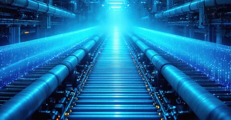 Fototapeta premium Futuristic data center interior. Bright blue light illuminates complex network infrastructure, pipes, cables, conveying digital connectivity.