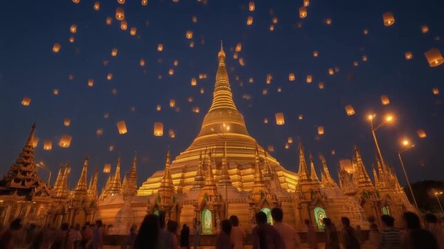 Shwedagon Pagoda Festival of Lights Myanmar Sky Lanterns at Night.