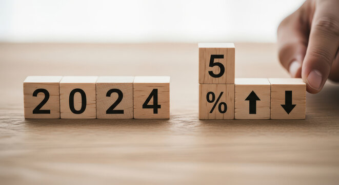 Economic Forecast 2024 Growth, Increase or Decrease 5 Percent, Business Investment and Financial Planning Decision on Wooden Blocks in Beige Background