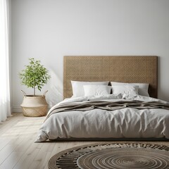 Minimalist bedroom with a cozy woven bed headboard and indoor plant illustration