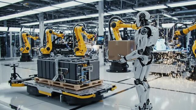 Industrial Robot Delivering Battery in Smart Factory Automation 4K