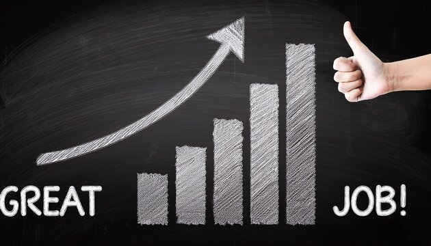 chalkboard with upward trend graph thumbs up and great job text white chalk drawing