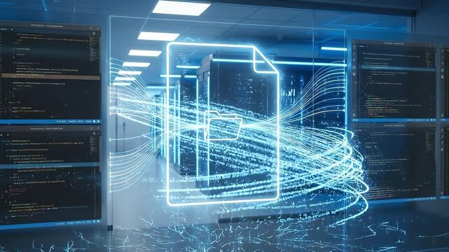 Neon file icon and data stream visualization in server room with code screens conveying secure digital transfer cloud storage efficiency and dynamic network connectivity