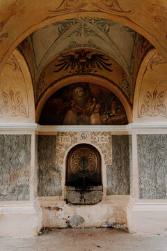 Historical Chapel at Mount Calvary in Castelrotto, South Tyrol &ndash; Sacred Architecture and Religious Tradition in the Dolomites surrounded by Autumnal Nature