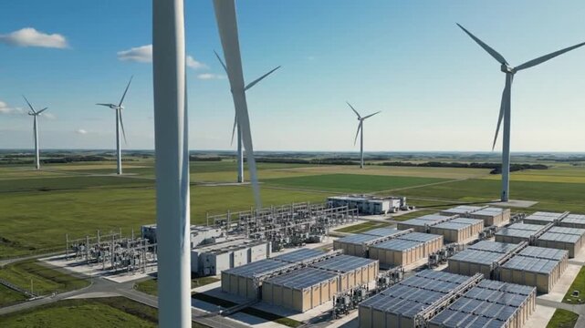 Wind Turbine and Battery Storage Renewable Energy Technology 4K