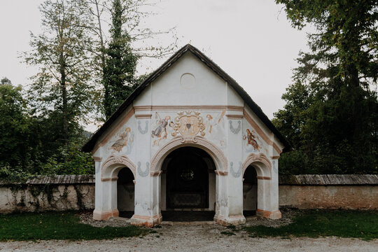 Historical Chapel at Mount Calvary in Castelrotto, South Tyrol &ndash; Sacred Architecture and Religious Tradition in the Dolomites surrounded by Autumnal Nature