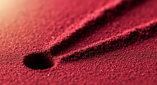 Close-up macro shot of a textured red surface with a smooth circular indentation and two parallel tracks carved into it