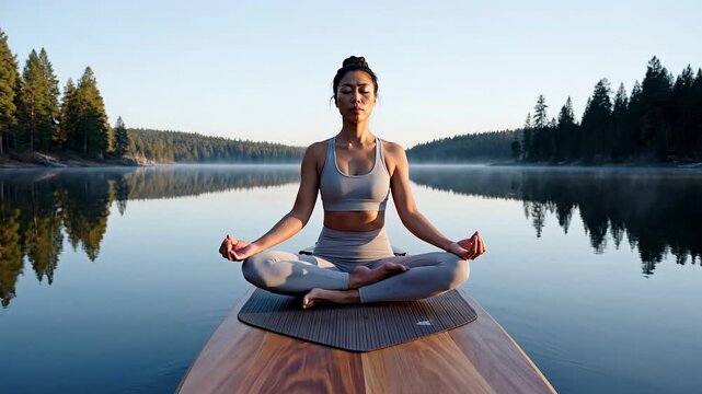 Person meditating in perfect lotus pose on a paddleboard on a completely still glass-like lake, peaceful morning aesthetic, mindfulness and mental health concept.