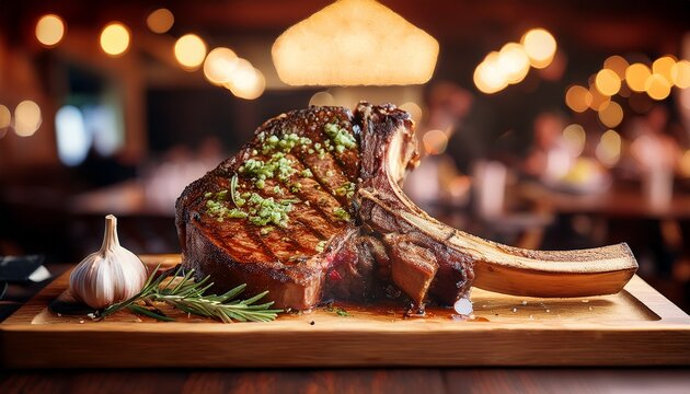juicy tomahawk steak with herb butter and roasted garlic on wooden board soft bokeh restaurant background