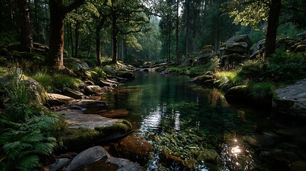 Obraz premium Crystal clear stream winding through mossy woodland sparkling in dappled forest sunlight images.
