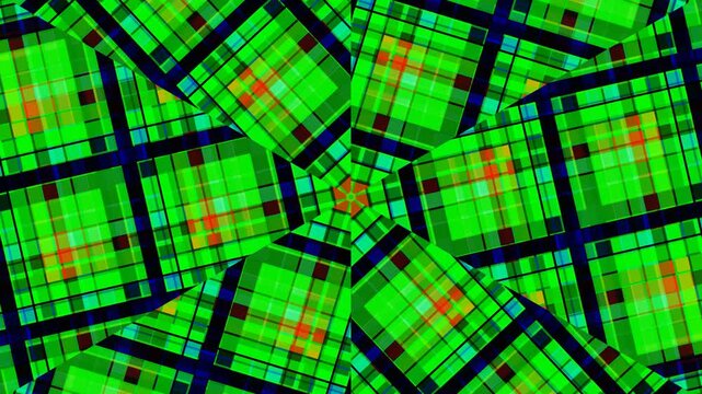 Vibrant green, red and blue squares and lines form a complex plaid design, creating an abstract and engaging visual background.