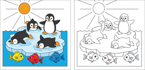 Naklejka premium Happy Penguins on Ice with Fish Under Sun - Cute Cartoon Arctic Scene