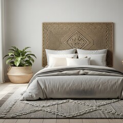 Modern bedroom with a stylish woven headboard and natural textures illustration