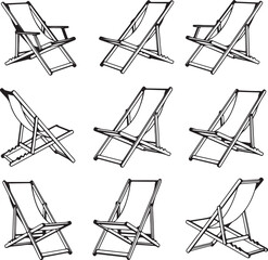 Set of deck chairs in different positions illustrated on transparent background