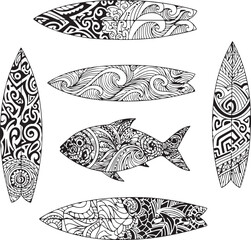 Set of handdrawn surfboards and fish with intricate patterns isolated on transparent background