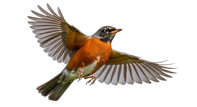 A robin flying through the air with its wings spread
