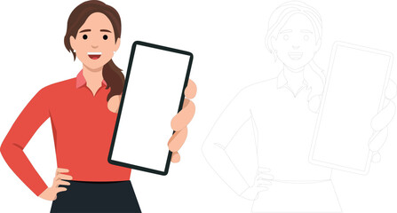 Smiling Business Woman Holding Smartphone with Blank Screen Isolated on White Vector Illustration