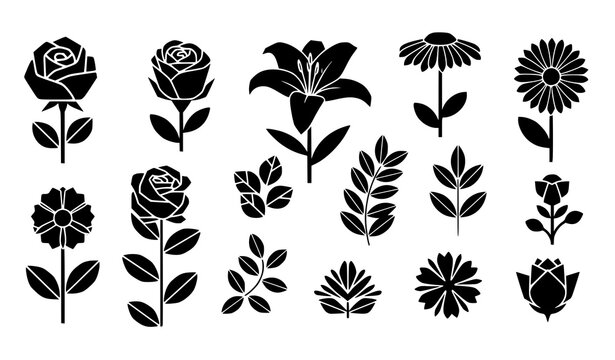 Minimal black floral vector icon set for modern logo and laser cut isolated on transparent background