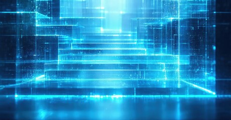 Obraz premium Abstract digital structure. Glowing blue lines form complex geometric shapes. Dark background emphasizes bright illumination, creating futuristic scene.