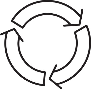Three continuous arrows forming a circle representing recycling process or continuous business workflow outline vector graphic icon