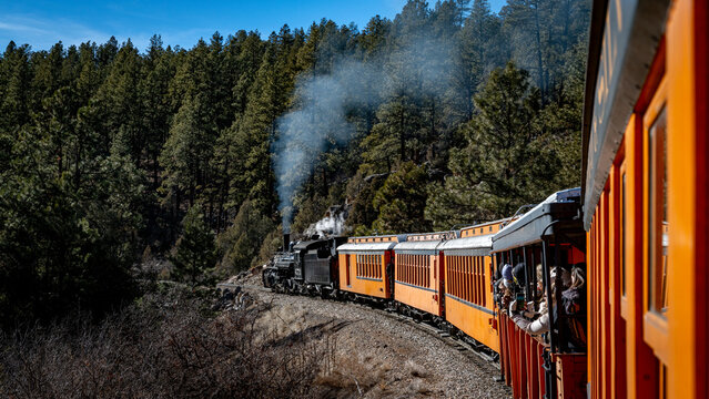 Passenger train rolling through a forest in Colorado