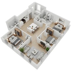 Modern three-bedroom floor plan with open living and dining areas illustration