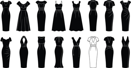 Fototapeta premium Collection of women evening and cocktail dress silhouettes featuring various necklines, bodycon styles, maxi dresses, fashion technical drawings, and formal garments.
