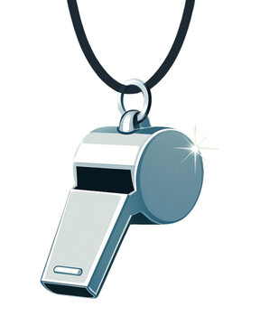 Apito do &aacute;rbitro: Um apito met&aacute;lico brilhante pende graciosamente de um cord&atilde;o preto, pronto para sinalizar o in&iacute;cio da partida.