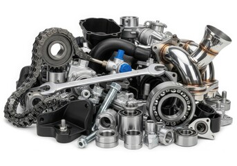 A collection of various car engine parts and components laid out on a white background.