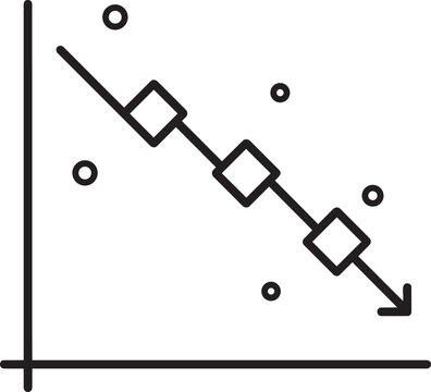 Downward trending scatter plot graph showing negative data correlation and corporate business decline outline vector graphic illustration