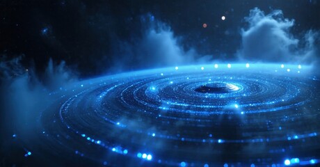 Vibrant blue rings surround dark center. Space scene evokes mystery, technology, future concepts. Bright lights punctuate darkness.
