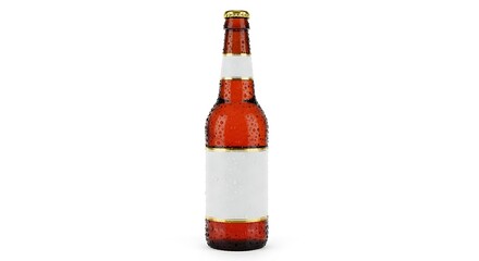 A brown glass beer bottle with a white label